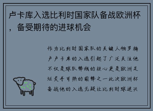 卢卡库入选比利时国家队备战欧洲杯，备受期待的进球机会