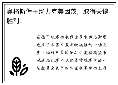 奥格斯堡主场力克美因茨，取得关键胜利！