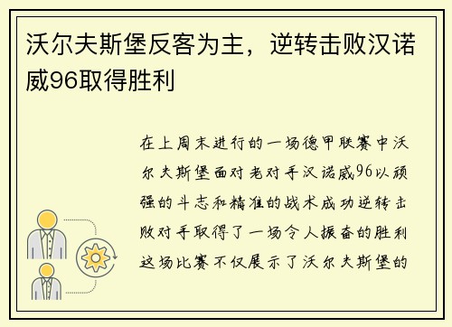 沃尔夫斯堡反客为主，逆转击败汉诺威96取得胜利