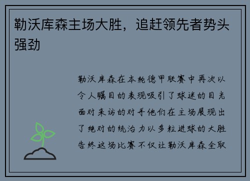 勒沃库森主场大胜，追赶领先者势头强劲