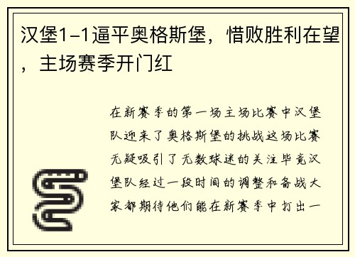 汉堡1-1逼平奥格斯堡，惜败胜利在望，主场赛季开门红