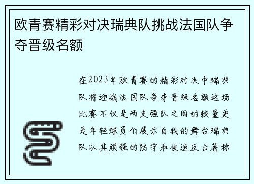 欧青赛精彩对决瑞典队挑战法国队争夺晋级名额
