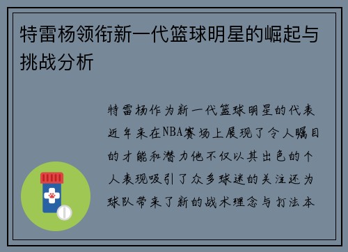 特雷杨领衔新一代篮球明星的崛起与挑战分析