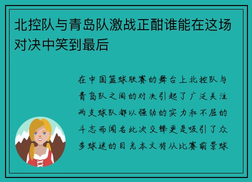 北控队与青岛队激战正酣谁能在这场对决中笑到最后