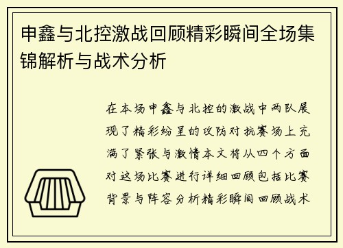 申鑫与北控激战回顾精彩瞬间全场集锦解析与战术分析