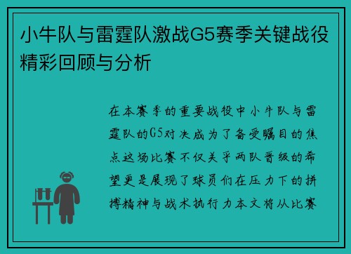 小牛队与雷霆队激战G5赛季关键战役精彩回顾与分析